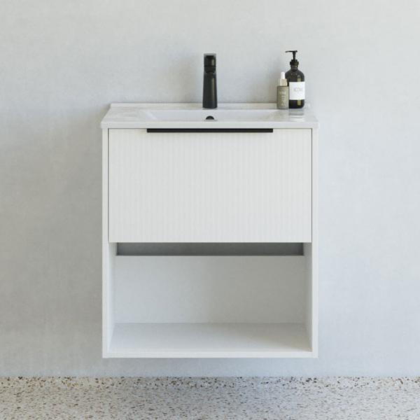 Dansani Mido+ Classic 61 møbelsæt m/Amber vask, 1 skuffe og åbent rum - Striber/mat hvid Dansani Mido+ Classic 61 møbelsæt m/Amber vask, 1 skuffe og åbent rum - Striber/mat hvid