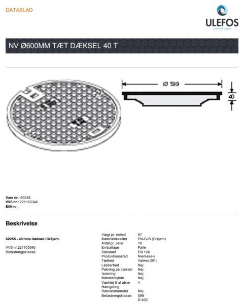 Ulefos NV 600 mm d&aelig;ksel u/ pakning og l&aring;s, 40 t, GG