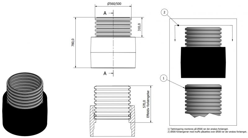 WaterCare 560/500 x 500 mm PE-forl&aelig;ngerr&oslash;r med muffe/gummiring