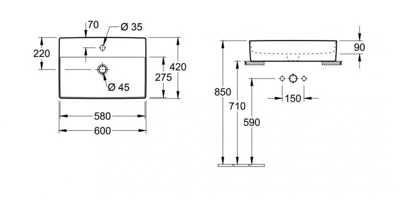 Outlet - V&B Memento 2.0 60 fritstående bowlevask - 1/3 hanehuller Outlet - V&B Memento 2.0 60 fritstående bowlevask - 1/3 hanehuller