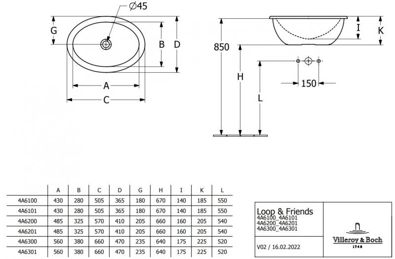 V&B Loop&Friends 57 h&aring;ndvask t/nedf&aelig;ldning - Med overl&oslash;b