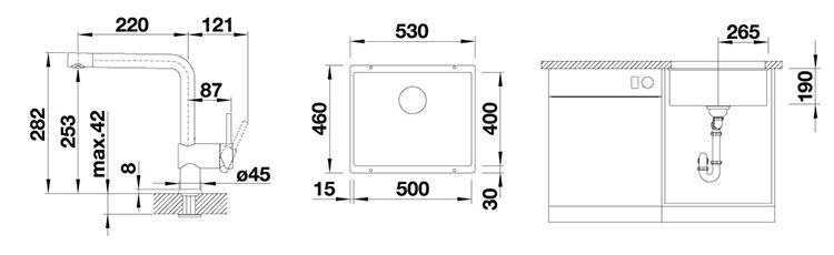 Blanco Subline 500-U k&oslash;kkenvask m/Linus k&oslash;kkenarmatur - Tr&oslash;ffel