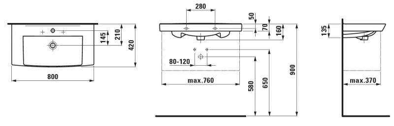 Laufen Pro-N 80 h&aring;ndvask t/v&aelig;g eller m&oslash;bel - 1 hanehul
