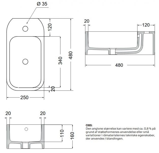 Lavabo Cosa 25 fritst&aring;ende bowlevask - Med overl&oslash;b - 1 hanehul