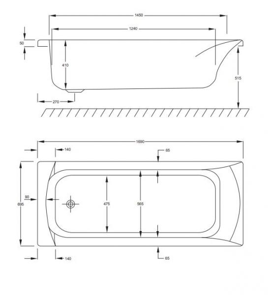 Str&oslash;mberg Delta badekar t/indbygning - 170 x 70 - 1 rygl&aelig;n