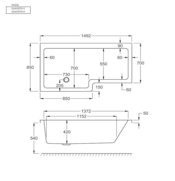 Strømberg Quantum badekar t/brus - 150 x 70/85 - Højre - 1 ryglæn Strømberg Quantum badekar t/brus - 150 x 70/85 - Højre - 1 ryglæn