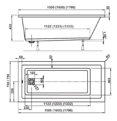 Royal Camilla badekar t/indbygning - 170 x 75 - 1 ryglæn Royal Camilla badekar t/indbygning - 170 x 75 - 1 ryglæn