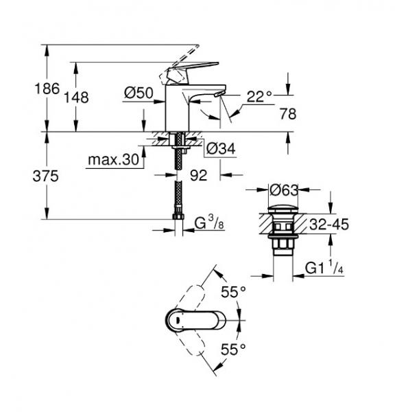 Grohe Eurosmart Cosmopolitan S h&aring;ndvaskarmatur m/pop up bundventil