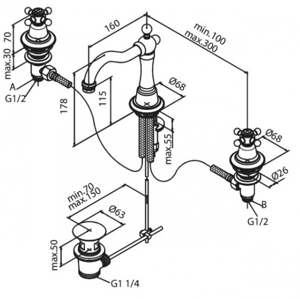 Damixa Tradition 3-huls h&aring;ndvaskarmatur - Krom