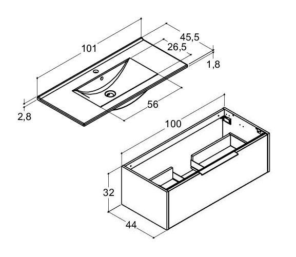 Dansani Mido+ Classic 101 m&oslash;bels&aelig;t m/Amber vask og 1 skuffe - Mat lysebl&aring;