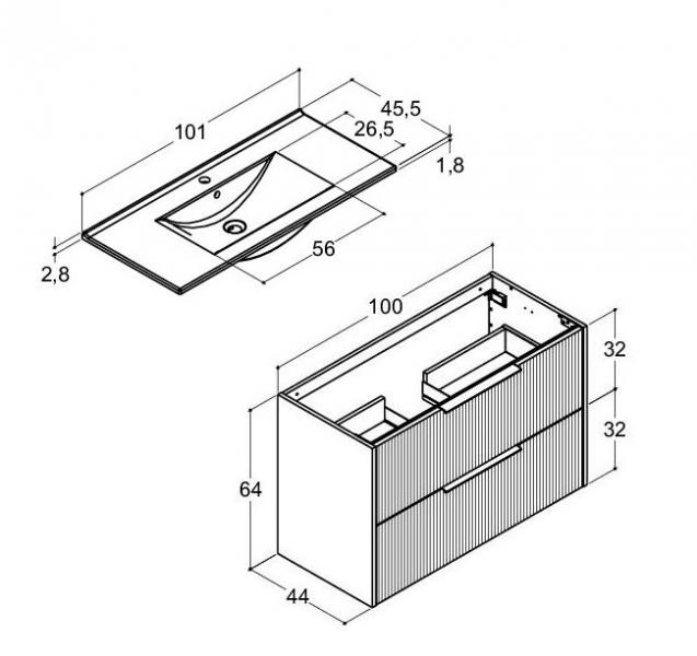 Dansani Mido+ Classic 101 m&oslash;bels&aelig;t m/Amber vask og 2 skuffer - Striber/mat sand