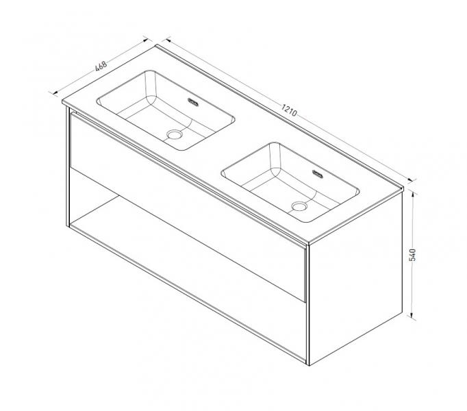Sanibell Proline 120 m&oslash;bels&aelig;t m/1 skuffe, hylde og dobbeltvask - Uden hanehul - Sort eg