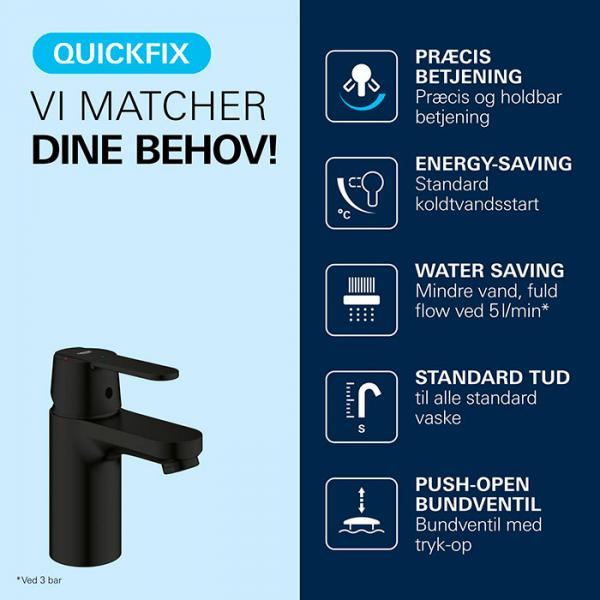 Grohe Get S håndvaskarmatur Eco m/Koldstart og push-open bundventil - Mat sort Grohe Get S håndvaskarmatur Eco m/Koldstart og push-open bundventil - Mat sort