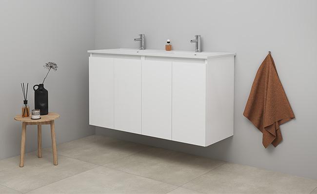 Sanibell Online 121 møbelsæt m/4 grebsfri låger og dobbeltvask - Mat hvid Sanibell Online 121 møbelsæt m/4 grebsfri låger og dobbeltvask - Mat hvid