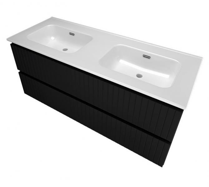 Sanibell Proline 120 m&oslash;bels&aelig;t m/lameller, 2 skuffer og dobbeltvask - Uden hanehul - Mat sort