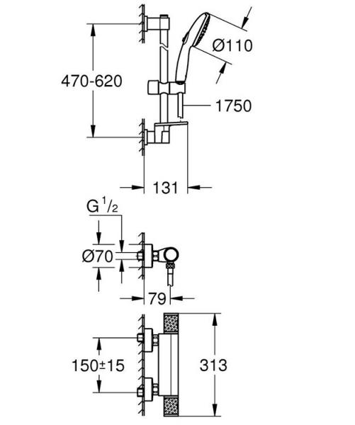 Grohe Precision Feel komplet brusesystem m/termostat og h&aring;ndbruser